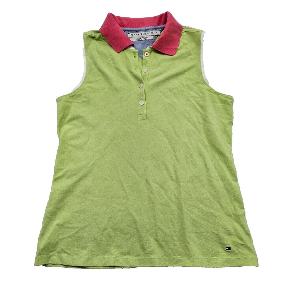 Tommy Hilfiger Womens Retro Sleeveless Golf Polo Shirt‎ Pink Contrast Collar M